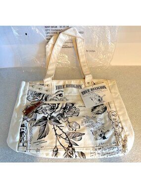 True Religion Canvas Tote Bag 16”x11” Magnetic Close Logo Floral Buddha Boho NWT